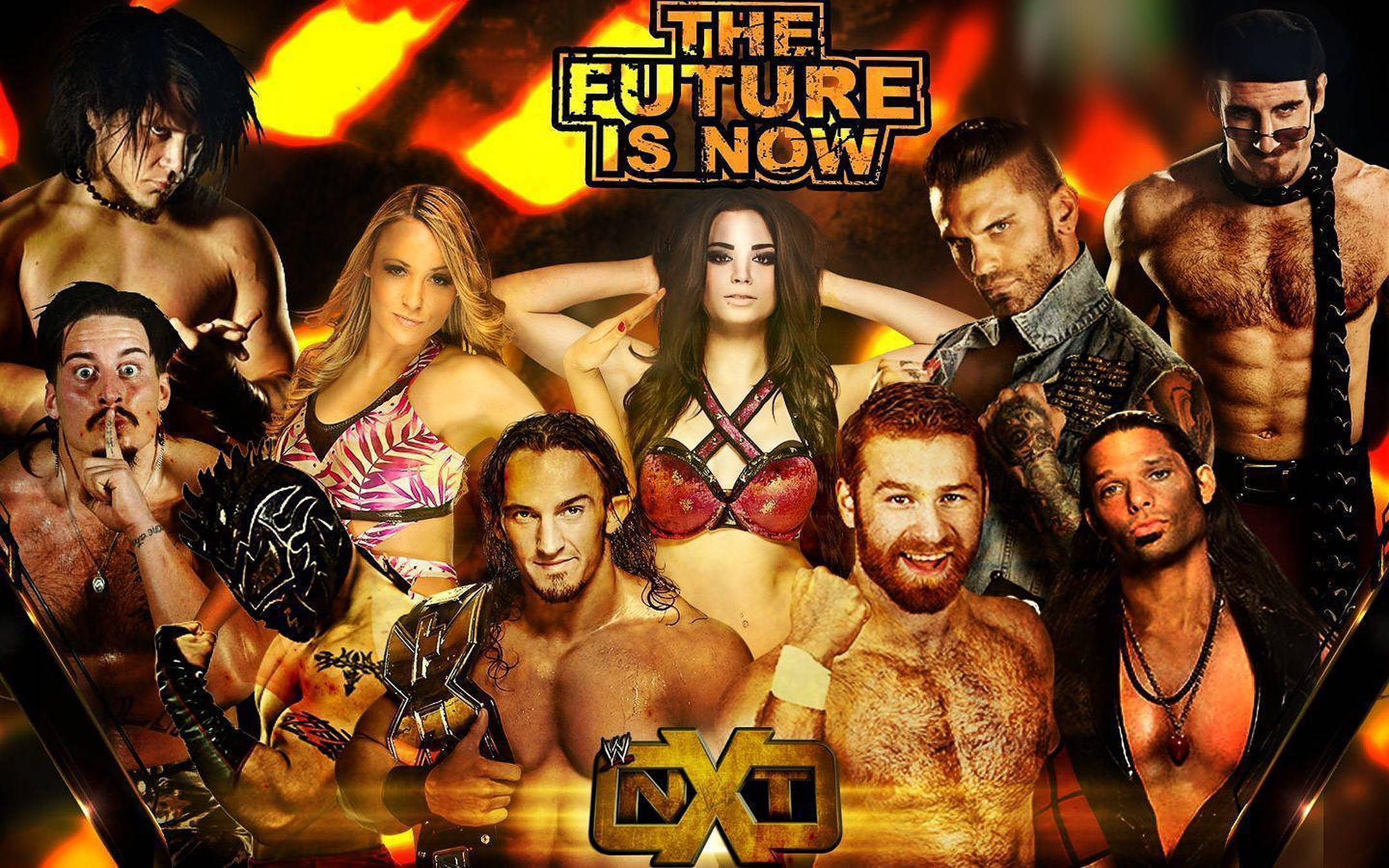 WWE NXT 摔跤超級巨星 壁紙 — 一張火熱的宣傳拼貼畫，WWE NXT 摔角手在熾熱的橙色和黃色背景前自信地擺姿勢。
