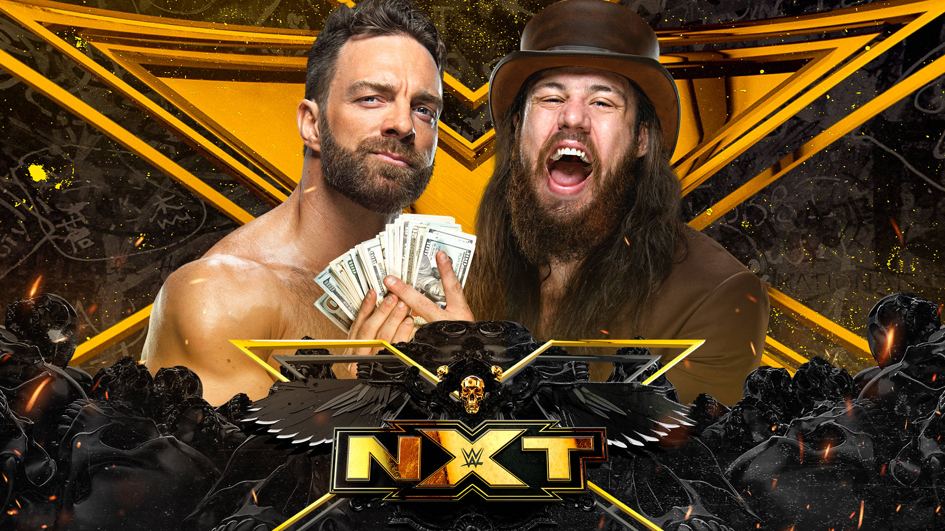 WWE NXT 超級巨星 - LA Knight 與 Cameron Grimes 搏鬥 壁紙 — 兩名肌肉發達的摔角手在火焰金色NXT標誌背景下，手持金錢和骷髏頭，擺出戲劇性的姿勢。