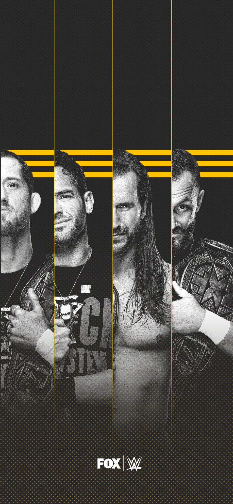 WWE NXT 超級巨星 黑白海報 壁紙 — 四位WWE摔角手以黑白配色配金色條紋，在深色紋理背景上手持冠軍腰帶。