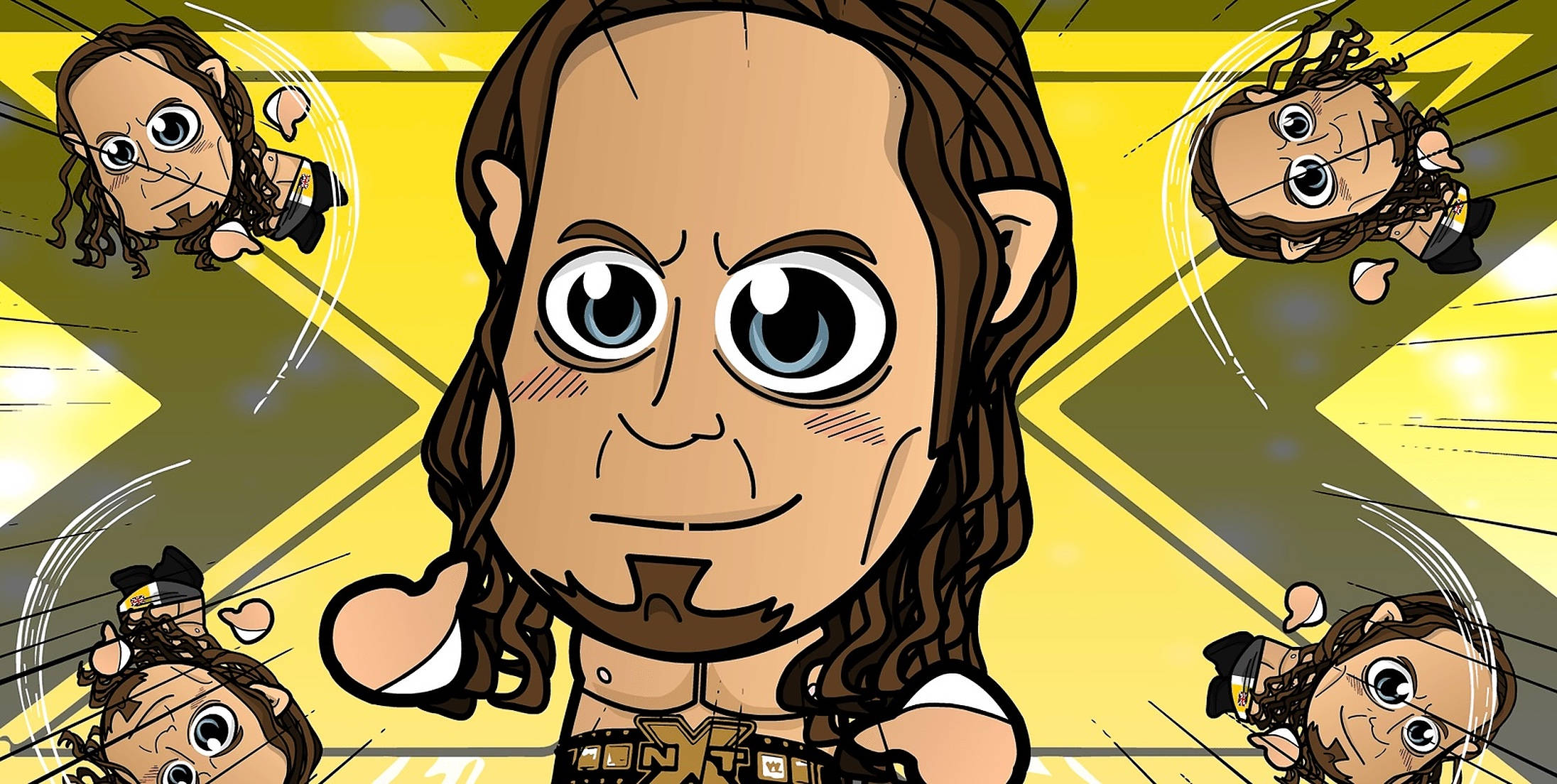 WWE NXT 阿德里安·內維爾 壁紙 — 長棕色頭髮、藍眼睛的Q版摔角手，在黃色X圖案背景和動態線條前自信地擺姿勢。