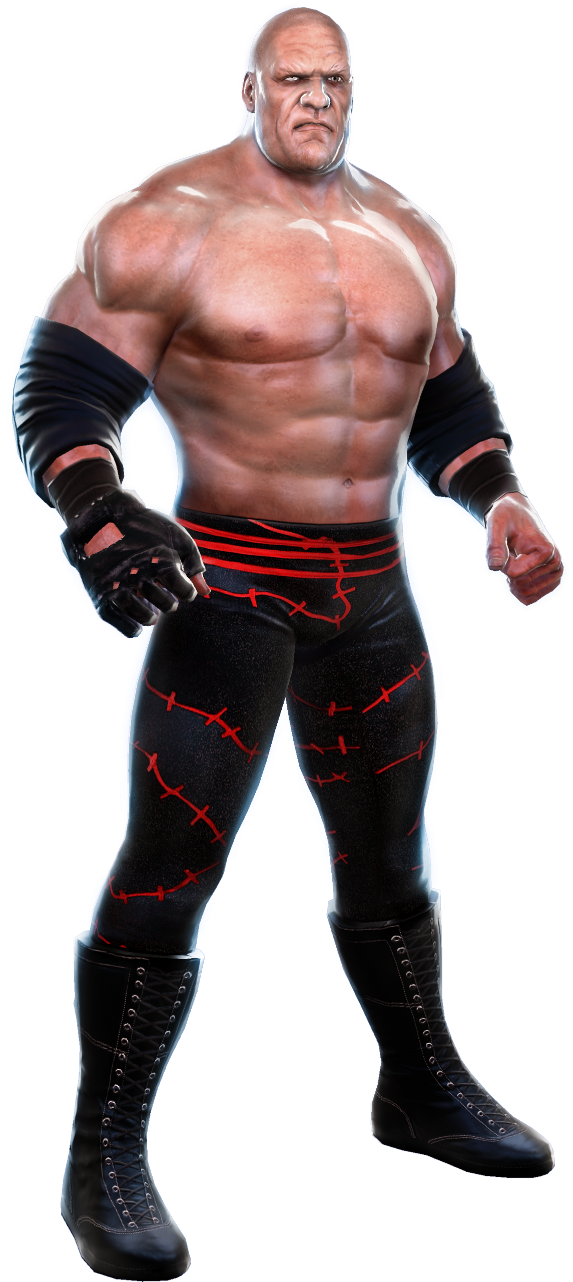 WWE摔角手擺姿勢 壁紙 — 一個肌肉發達的光頭摔角手，穿著帶有紅色縫線的黑色緊身褲和黑色靴子，在黑色背景下帶著兇猛的表情站立。