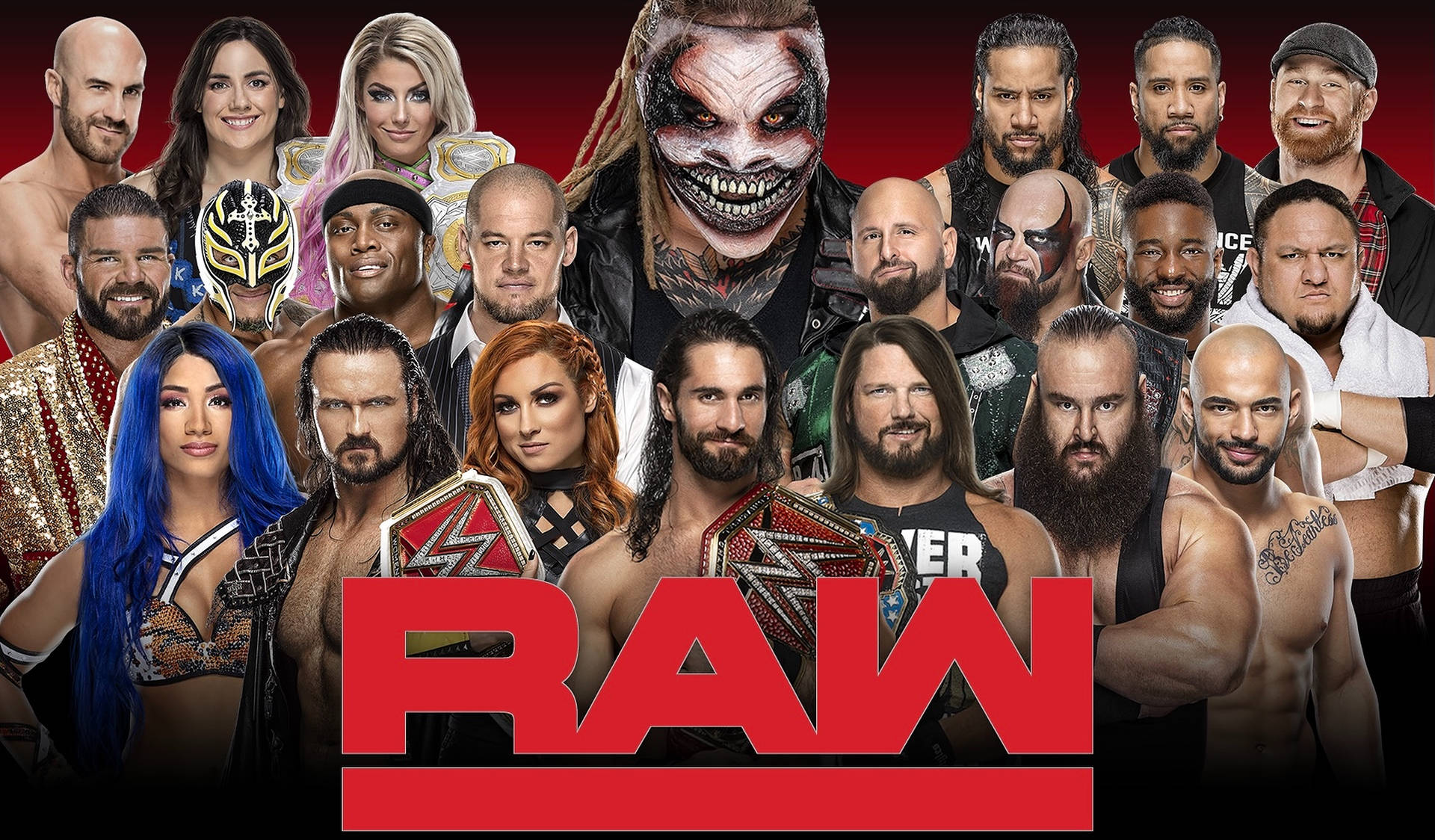 WWE RAW的摔角手和超級巨星陣容，手持冠軍腰帶擺姿勢。