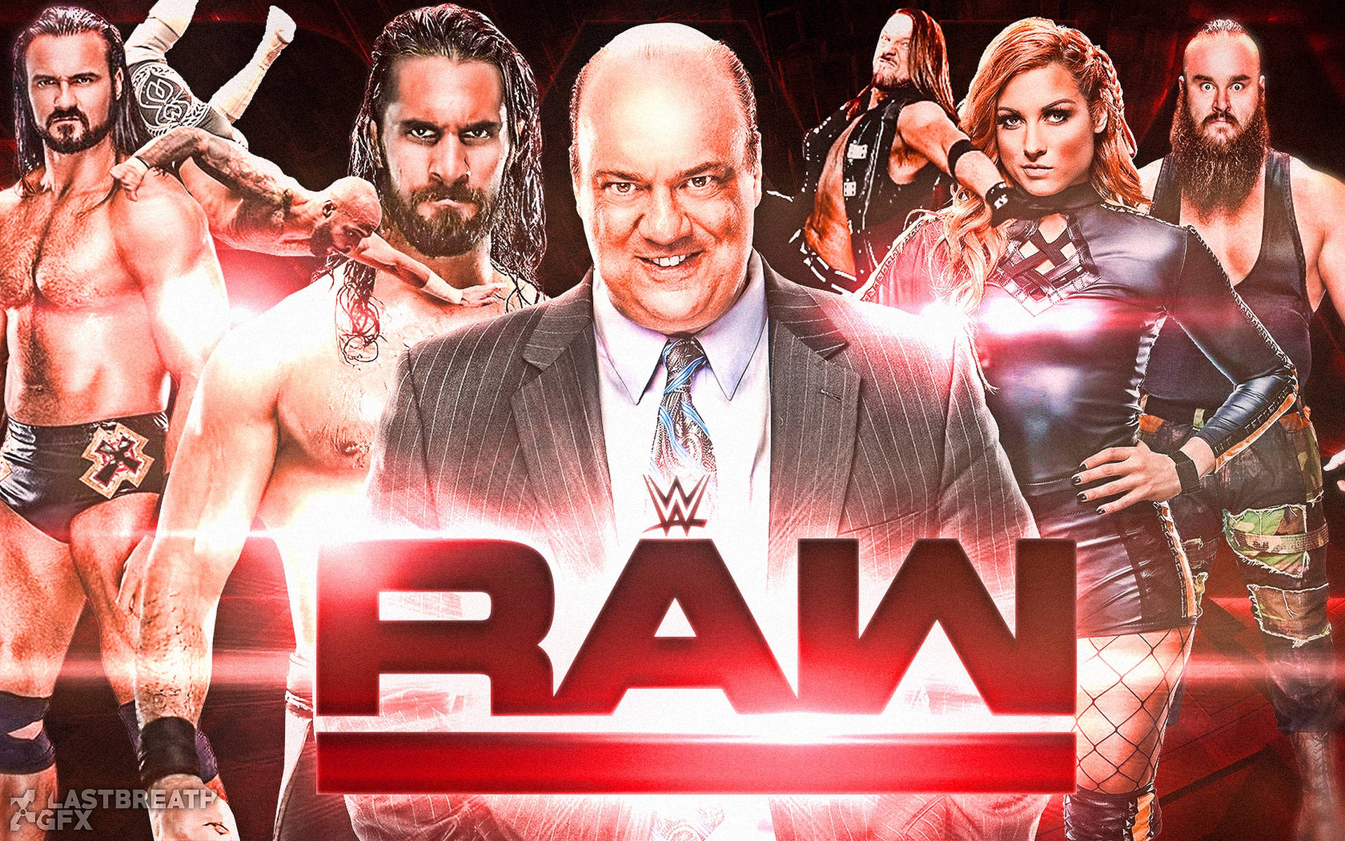 WWE RAW 宣傳，文斯·麥克馬洪和摔角手在紅光中。