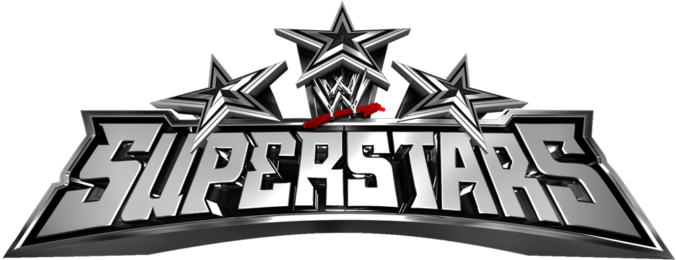 WWE Superstars 標誌 壁紙 — 閃亮金屬WWE Superstars標誌，帶有三顆星和紅色絲帶，背景為黑色。
