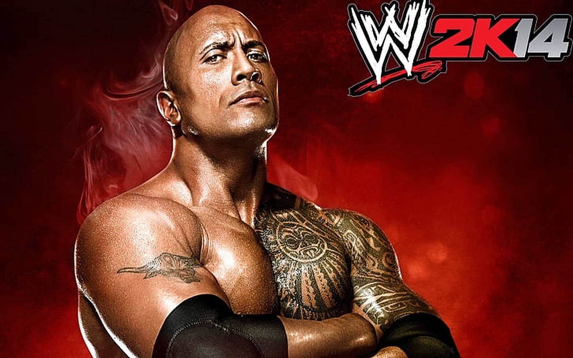 WWE摔角手狄維·莊遜在WWE 2K14遊戲宣傳圖片中，背景為紅色煙霧。