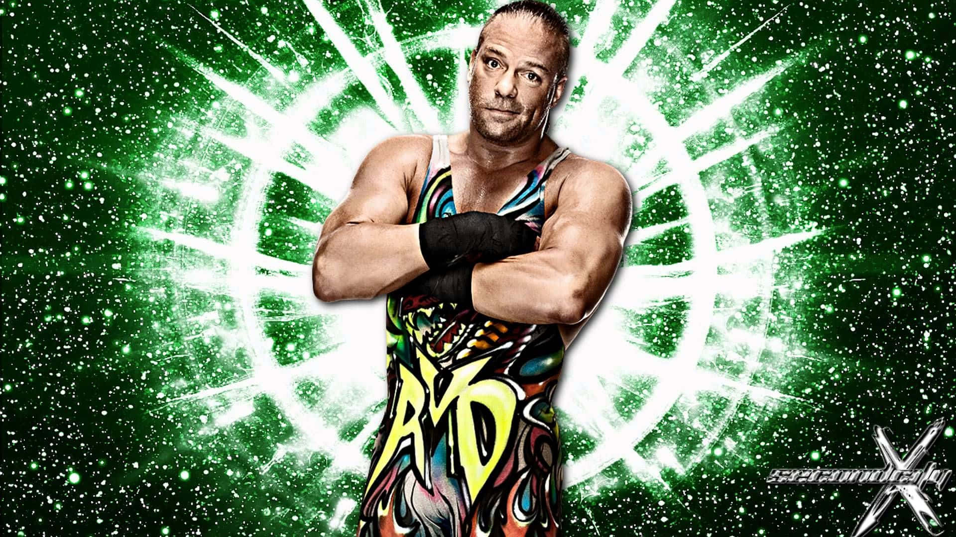 WWE 羅布·范·達姆圖像藝術海報 壁紙 — 摔角手CM Punk自信地交叉雙臂，站在充滿活力的綠色宇宙背景前，背景有白色能量爆發。