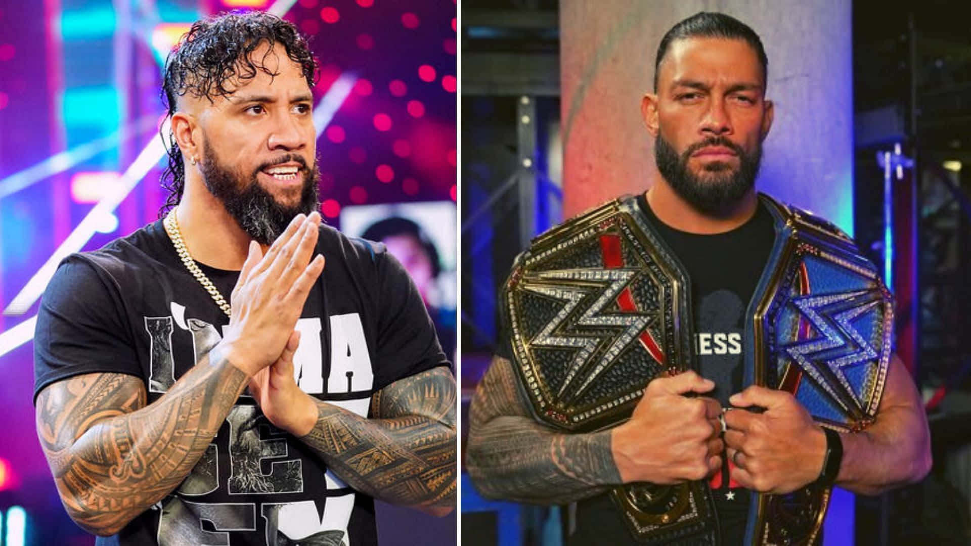 WWE 傑伊·烏索與羅曼·雷恩斯決裂瞬間 壁紙 — 兩位WWE摔角手，一位在繽紛燈光下拍手，另一位手持冠軍腰帶，表情嚴肅。