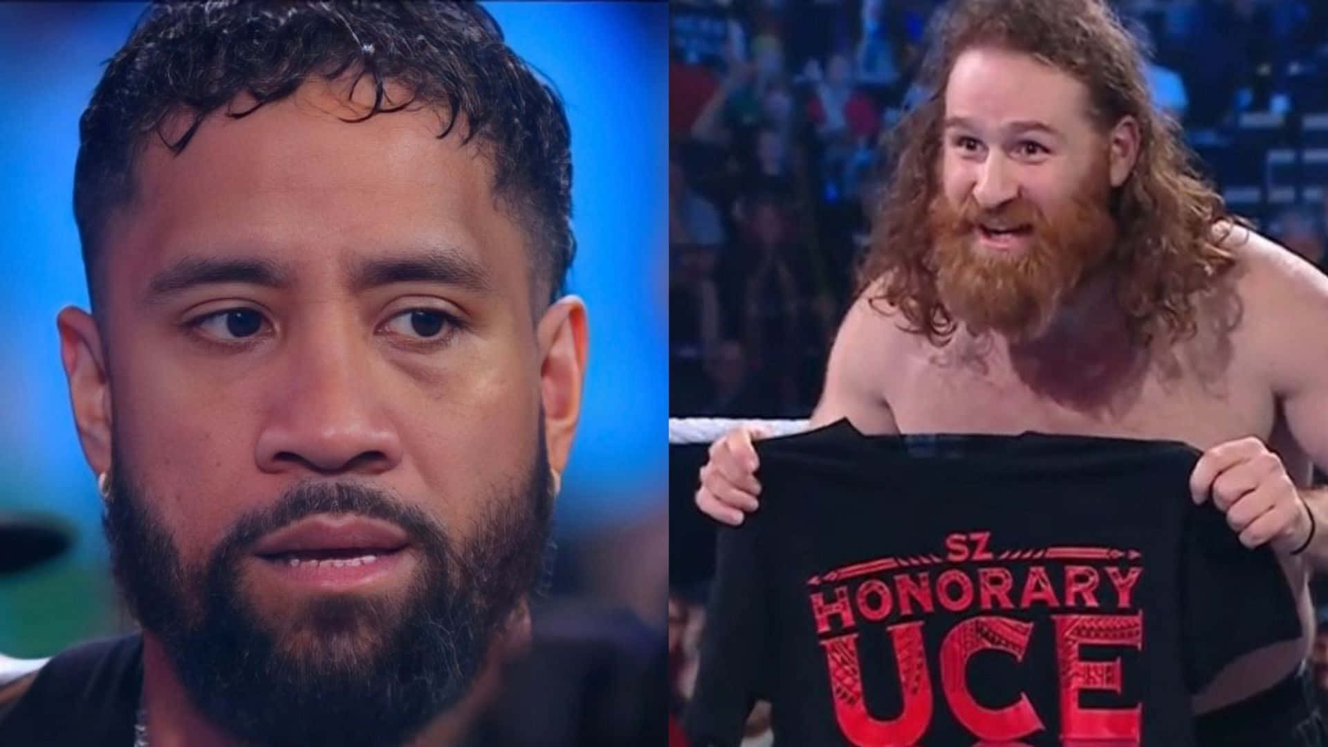 WWE 傑伊·烏索與薩米·扎因分道揚鑣 壁紙 — 兩個男人在摔角擂台上，其中一個拿著一件印有「HONORARY UCE」的黑色襯衫，另一個則以嚴肅的表情看著。