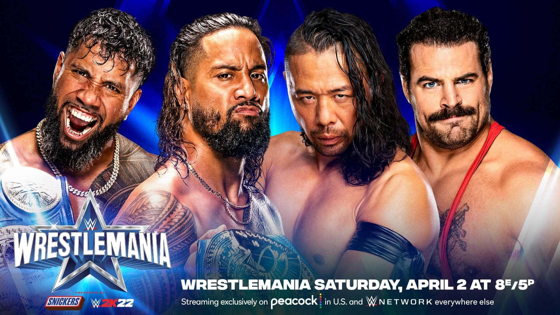 WWE 吉米與傑伊·烏索《摔角狂熱38》海報 壁紙 — 四位激烈的WWE摔角手手持冠軍腰帶，在發光的藍色舞台背景下向前凝視。