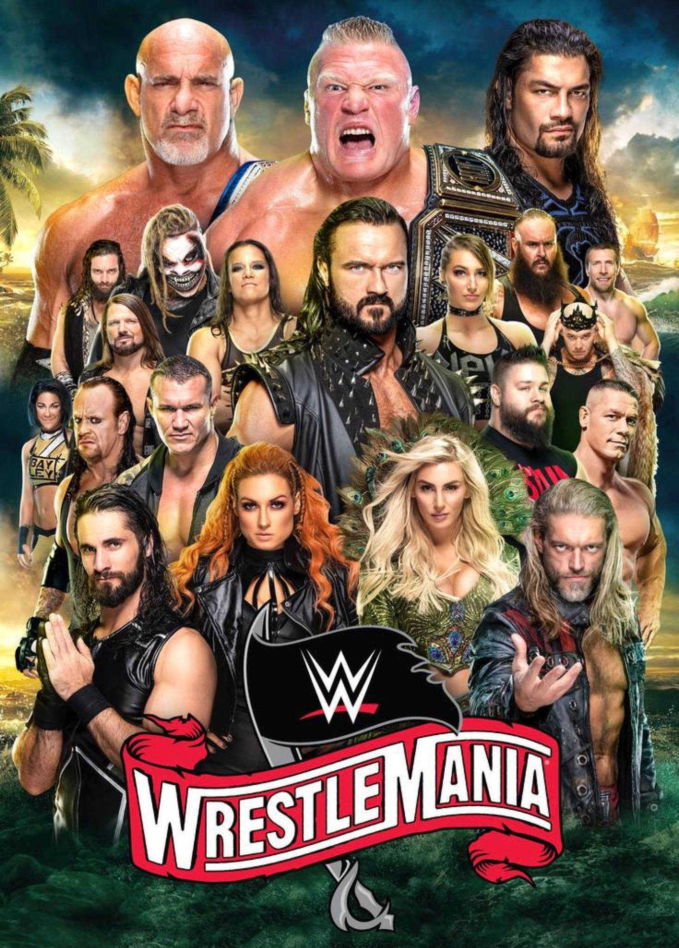 WWE WrestleMania 海報，頂級摔角手在熱帶日落背景下擺出戲劇性姿勢。