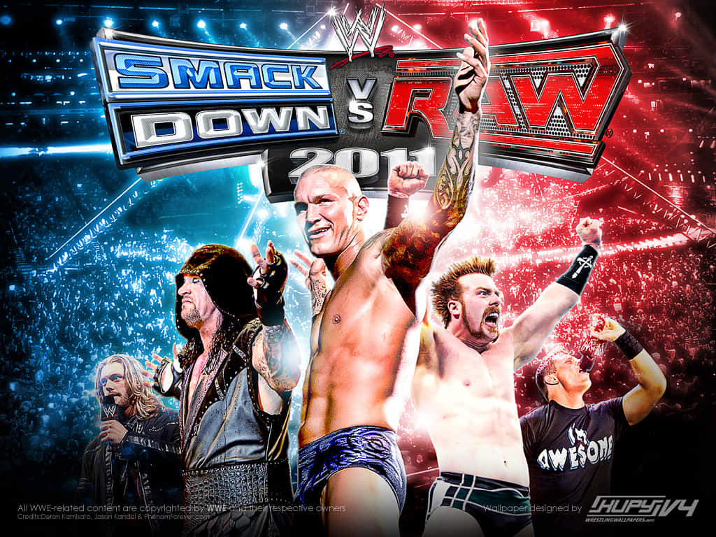 WWE摔角手在場館燈光下與SmackDown vs RAW 2011標誌一同慶祝勝利。