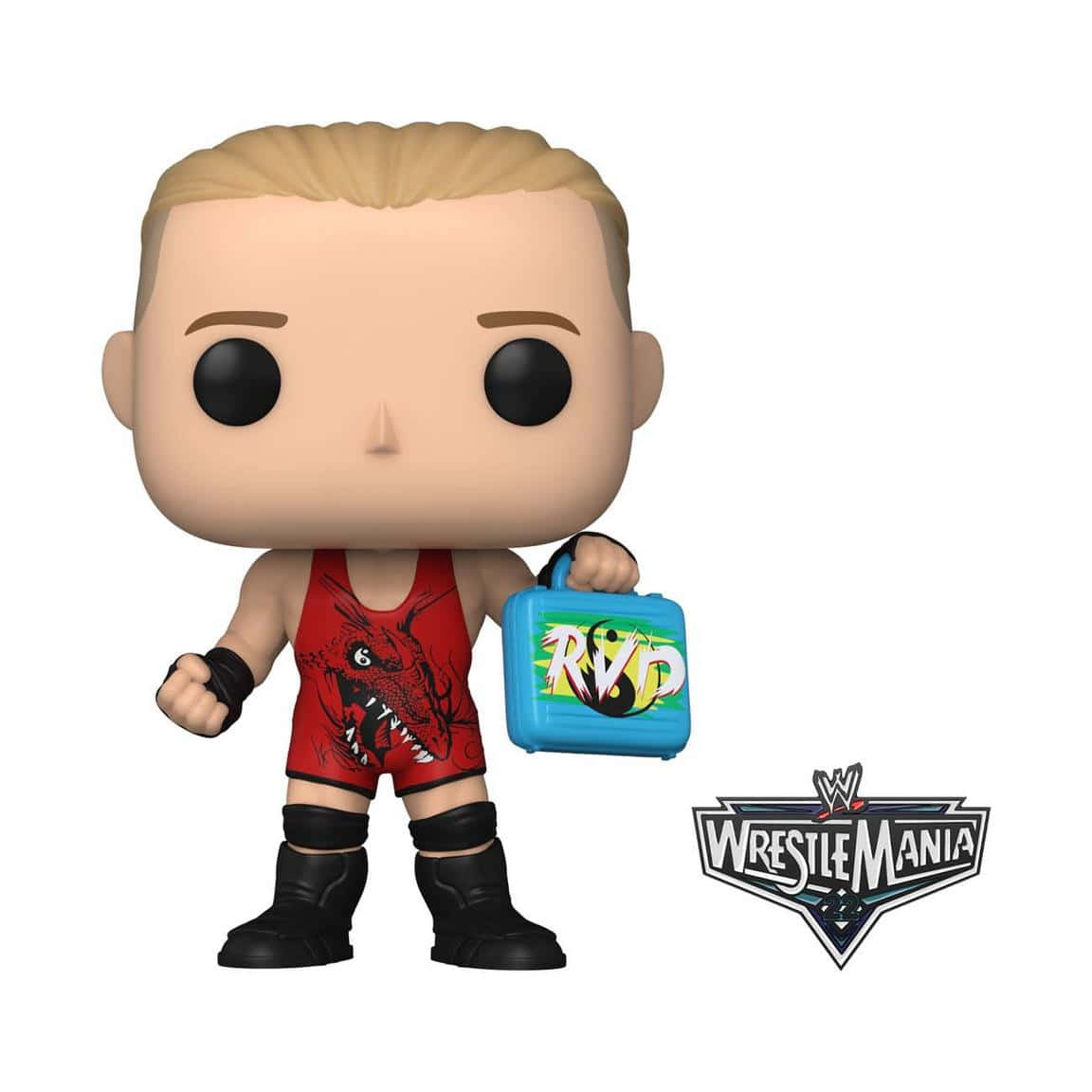 WWE 羅布·范·達姆 Funko Pop 玩具 壁紙 — 一個Funko Pop公仔，係摔角手Randy Orton，著住紅色摔角裝備，拎住一個有WWE WrestleMania標誌嘅藍色午餐盒。
