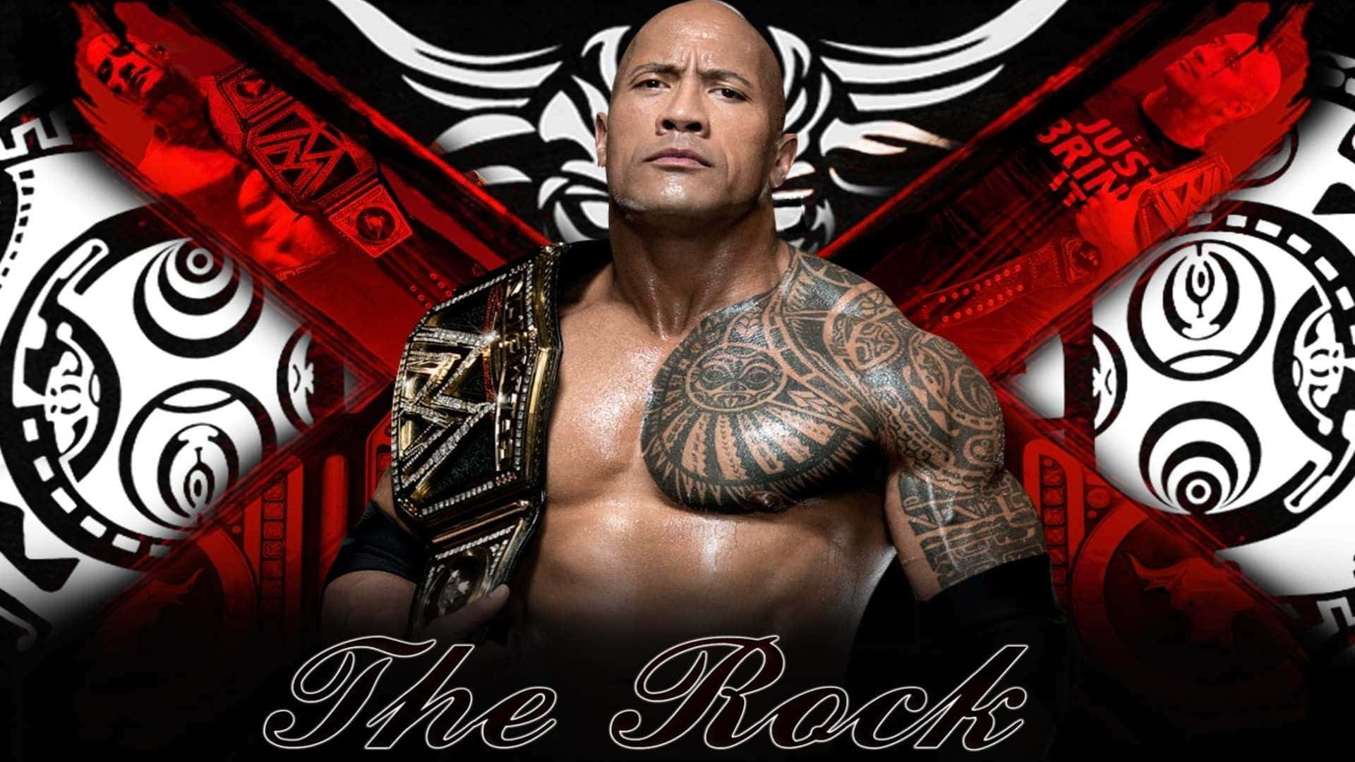 The Rock 手持冠軍腰帶，帶有部落紋身和圖形背景。