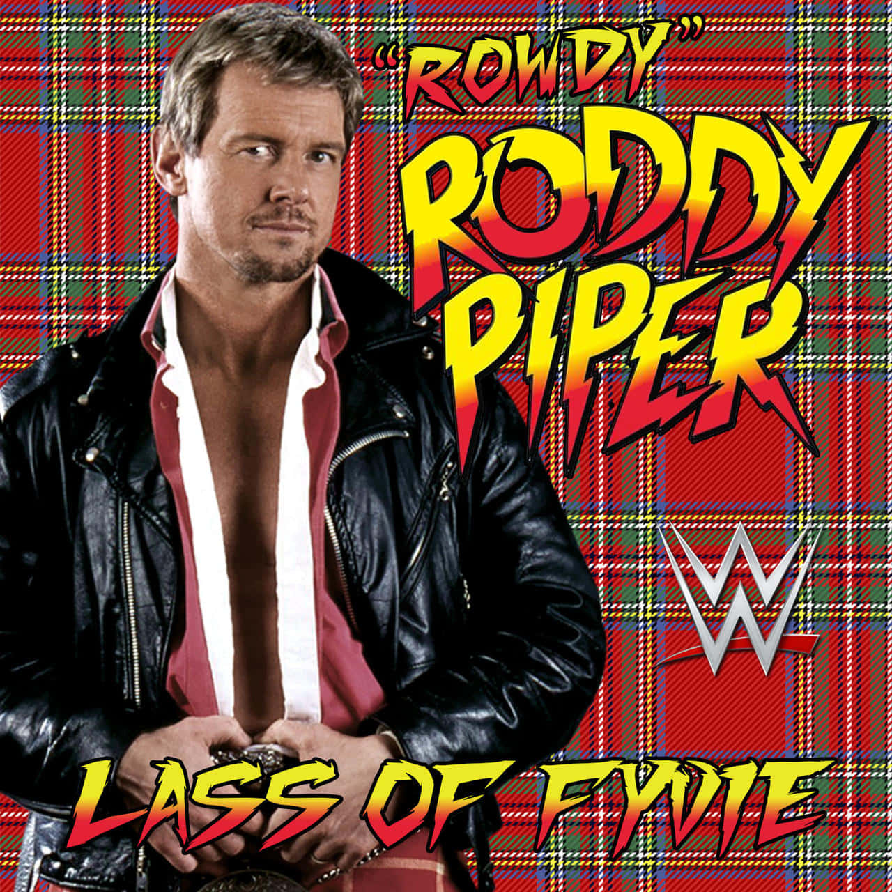 羅迪·派珀於WWE《Lass of Fyvie》海報拍攝現場 壁紙 — 摔角手 Rowdy Roddy Piper 自信地穿著黑色皮褸，站在大膽的紅色格仔背景前，背景上有他的名字和 WWE 標誌。
