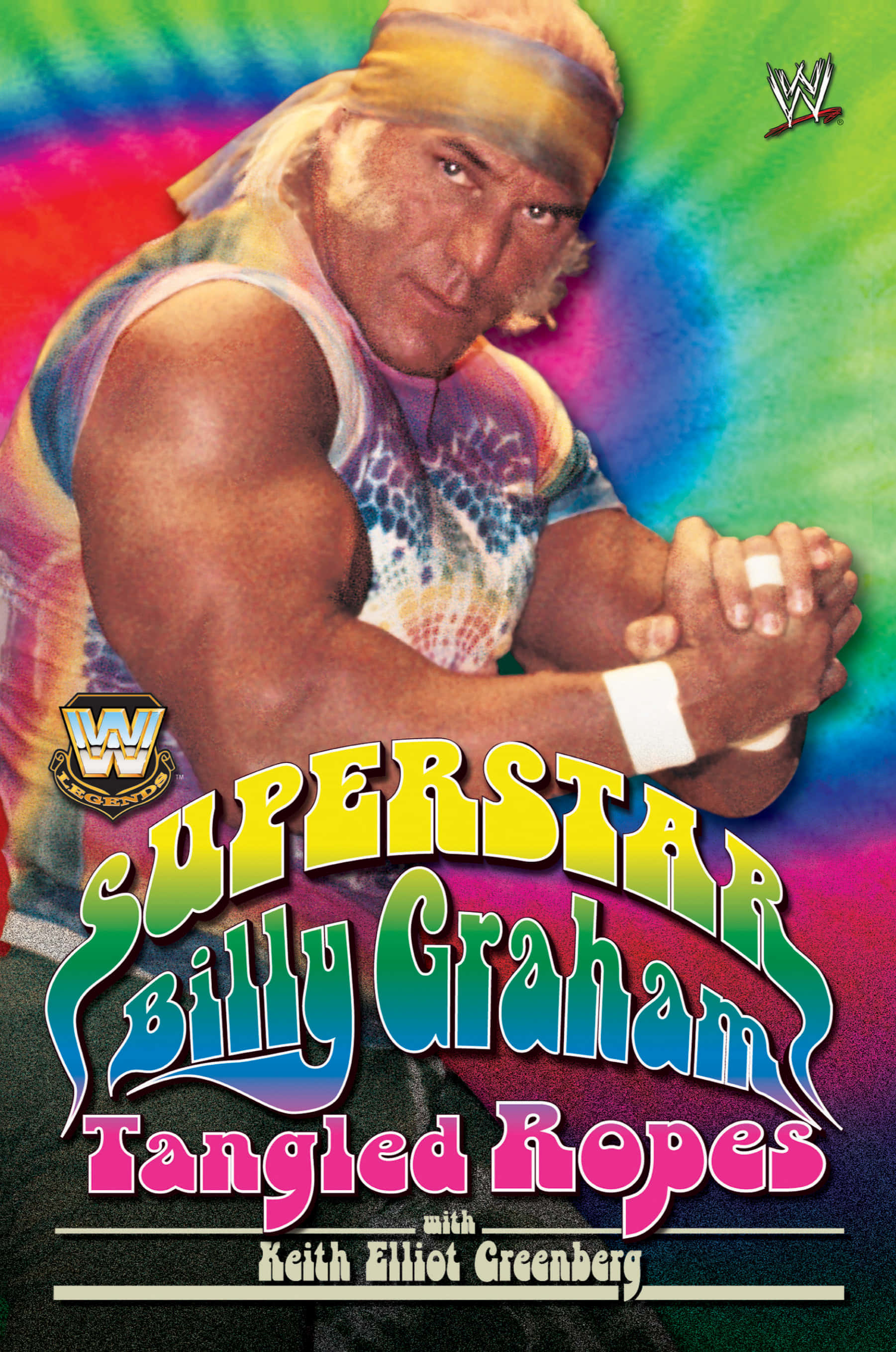 WWE傳奇巨星比利·格雷厄姆繩索纏繞數位插畫 壁紙 — WWE摔角手Billy Graham在迷幻彩虹背景下，自信地穿著紮染背心擺姿勢。