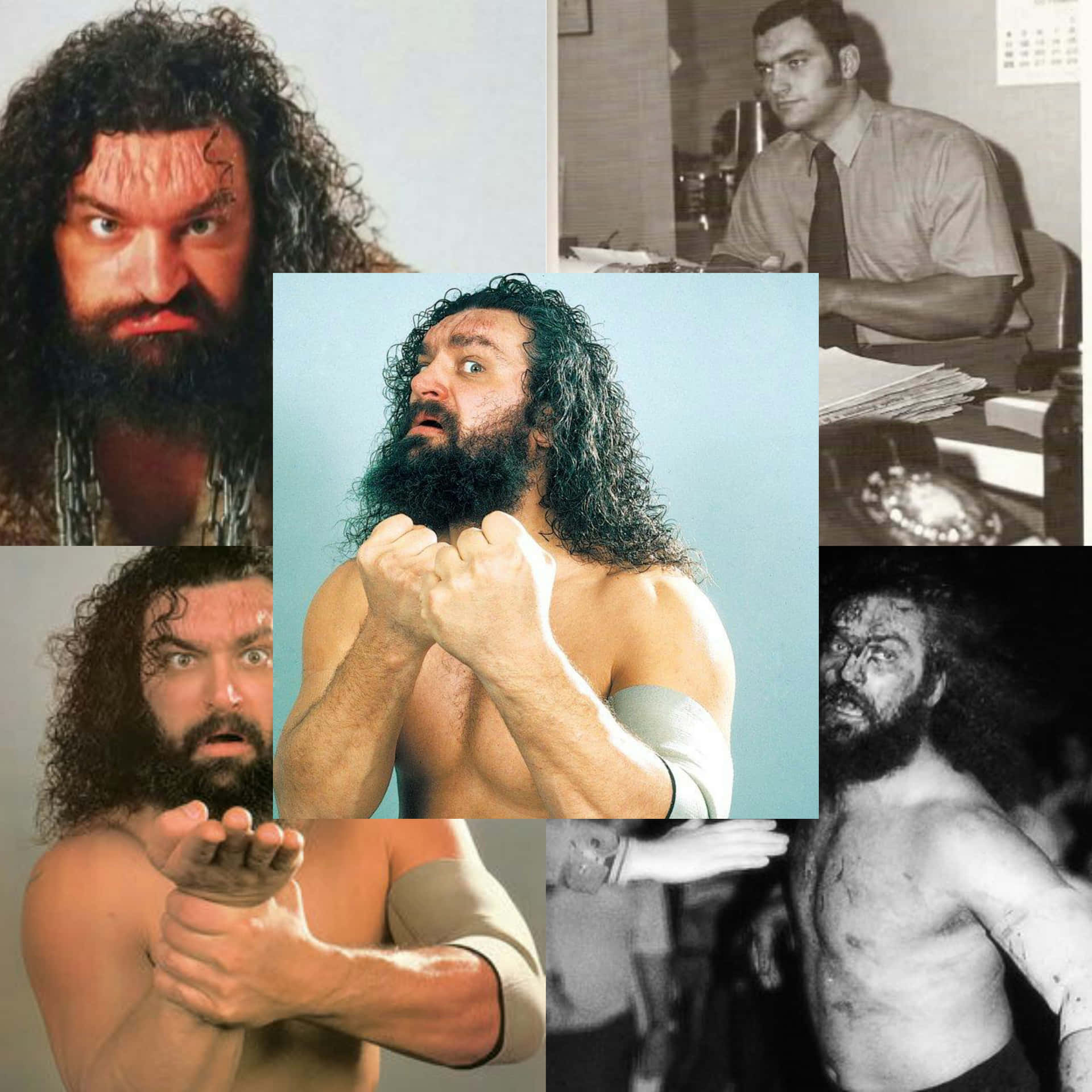 摔角手安德烈巨人（André the Giant）在不同姿勢和場景中的拼貼畫。