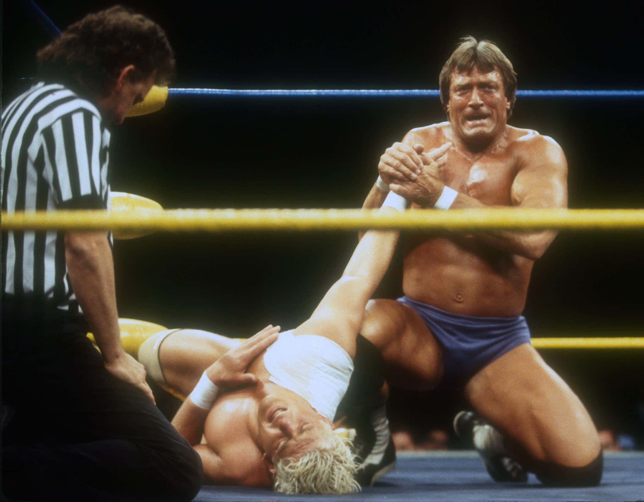 WWE名人堂：1995年保羅·奧恩多夫對決達斯汀·羅德斯 壁紙 — 一名肌肉發達的摔角手穿著藍色短褲，在藍色墊子上壓制對手，裁判在燈光明亮的擂台上近距離觀看。