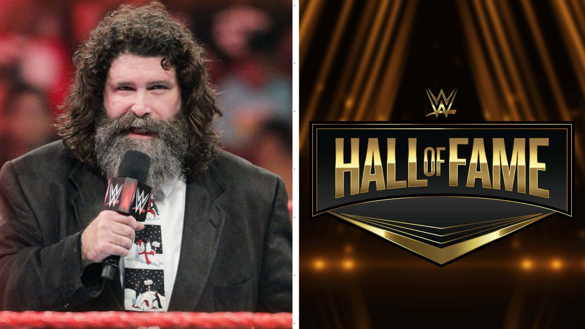 WWE名人堂成員米克·福萊賽場英姿 壁紙 — WWE名人堂入選者，長捲髮和鬍鬚，在摔角擂台內對著麥克風說話。