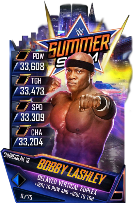 WWE夏日衝擊賽鮑比·拉什利球星卡 壁紙 — WWE摔角手Bobby Lashley以動態遊戲卡姿勢呈現，附有統計數據和城市天際線背景。