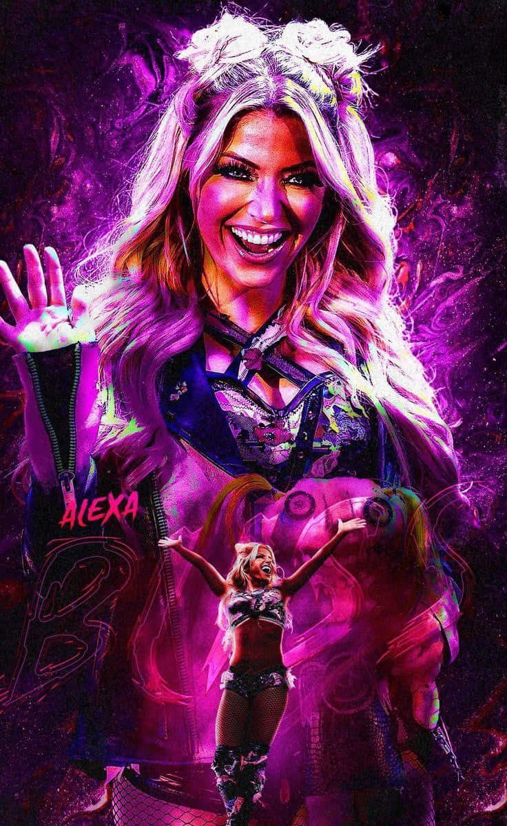 WWE女摔角手亞歷克莎·布利斯活力肖像 壁紙 — 一個微笑的摔角手數位肖像，擁有發光的紫色頭髮和霓虹燈光，背景是宇宙。