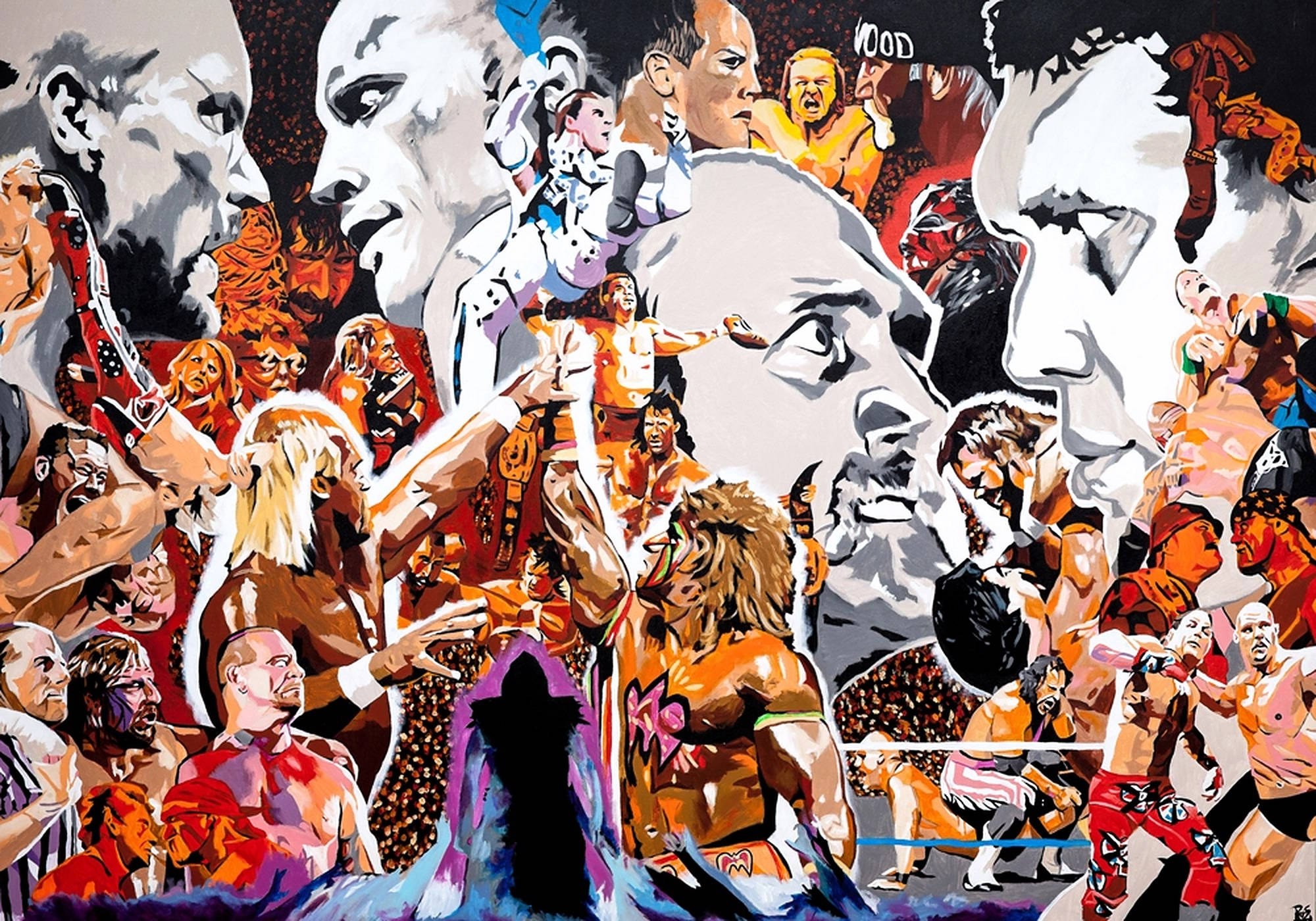 WWE拼貼畫 壁紙 — 充滿活力的數位藝術作品，描繪標誌性摔角手在混亂人群背景前擺出動態姿勢。