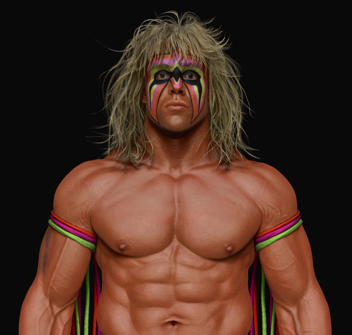 WWE摔角手 Ultimate Warrior 數位藝術作品 壁紙 — 一個肌肉發達的摔角手，擁有狂野的金色頭髮和鮮豔的彩虹臉部彩繪，在黑色背景下強烈凝視。
