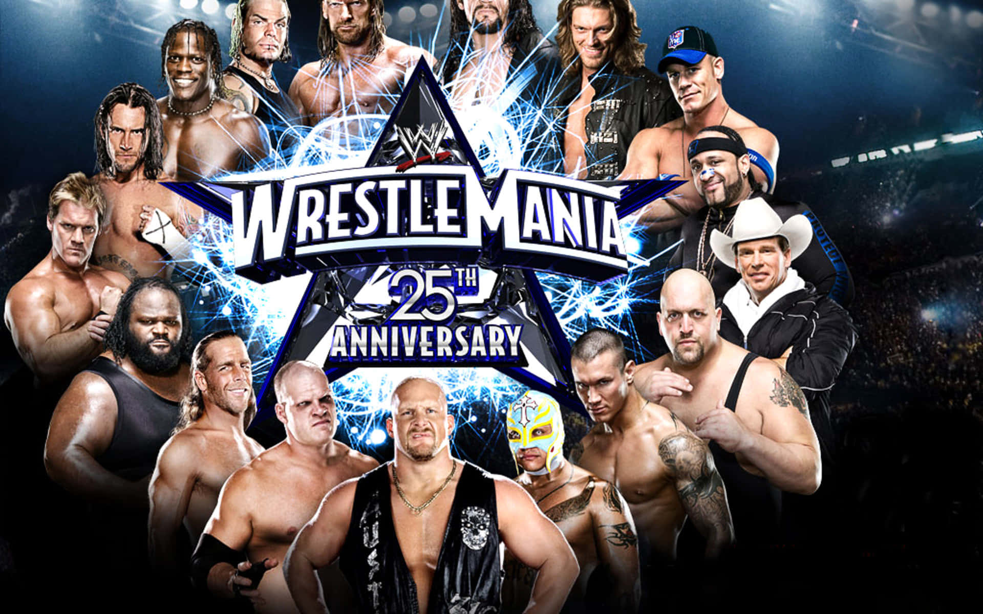 WWE 桌布 壁紙 — WWE摔角手圍繞WrestleMania 25週年紀念標誌的動態拼貼，帶有電光藍色能量效果。