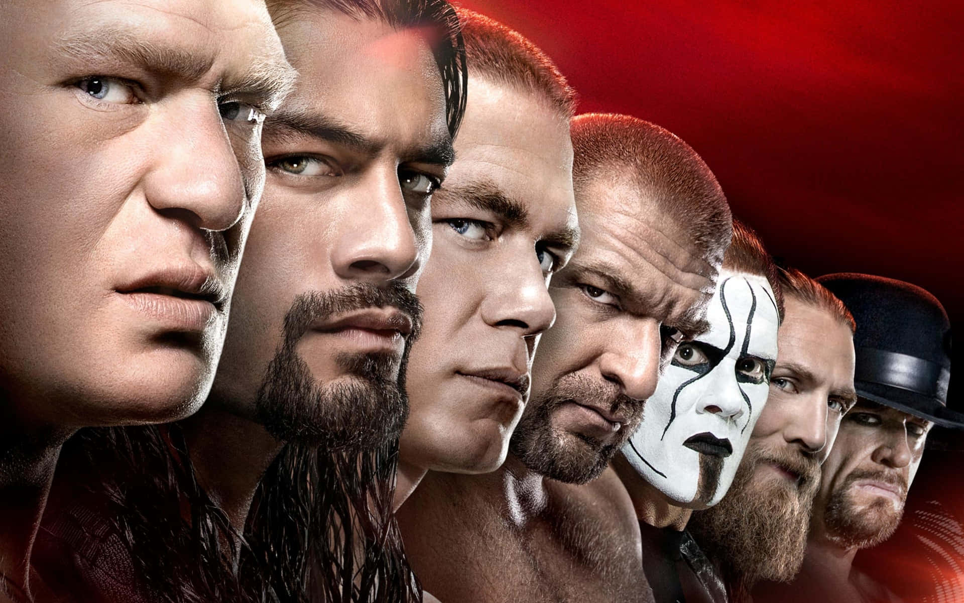  壁紙 — WWE摔角手在火紅背景前擺出強烈表情的戲劇性陣容。