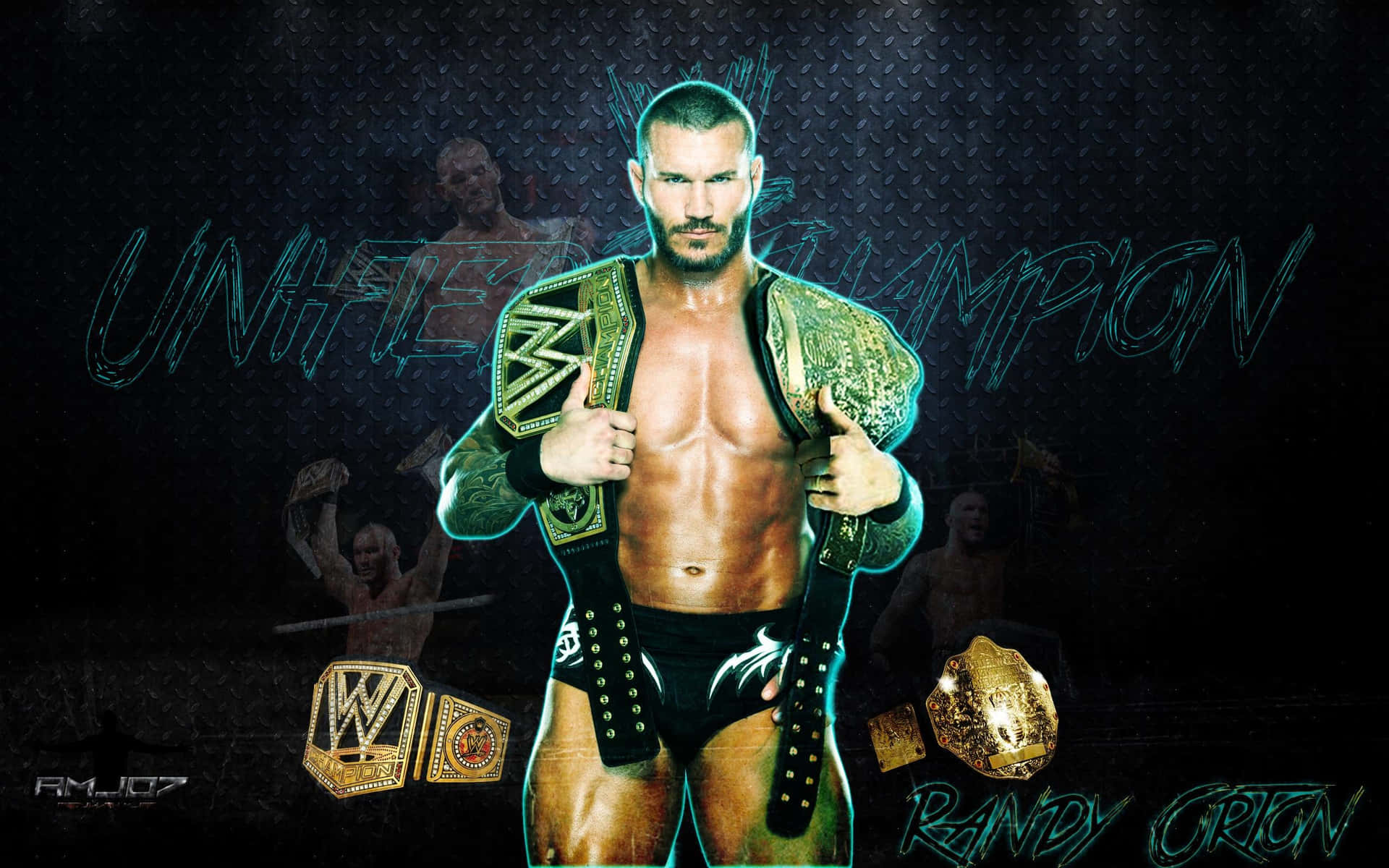 WWE摔角手Randy Orton手持冠軍腰帶，身後有發光霓虹文字。