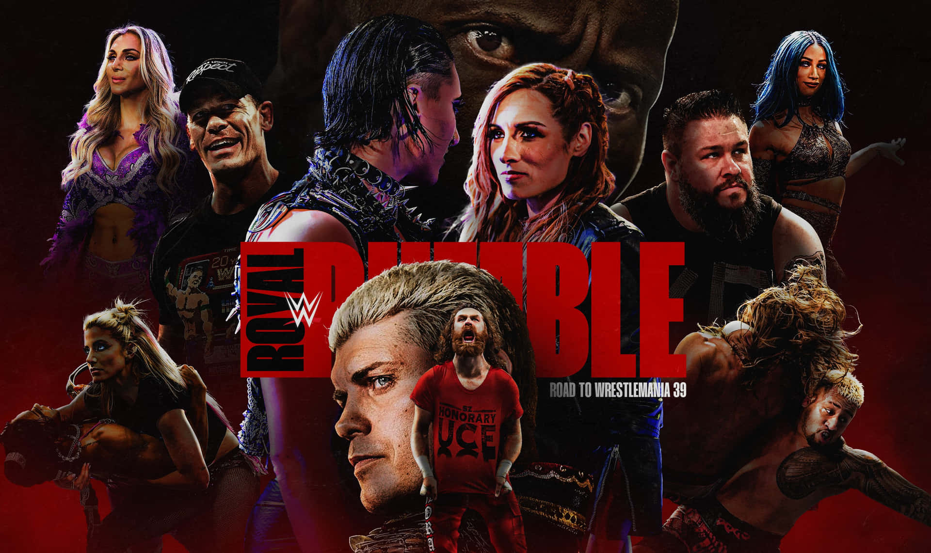 WWE Royal Rumble活動海報，摔角手們擺出戲劇性姿勢。