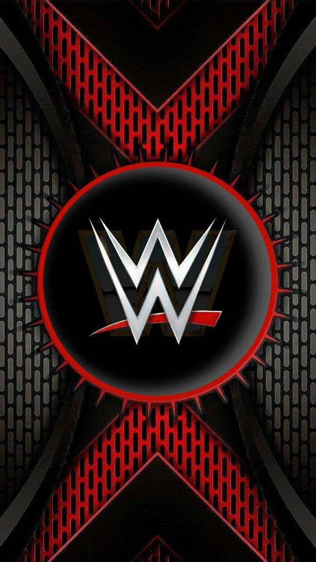銀色 WWE 標誌在黑色圓形上，帶有紅色尖刺和紅黑網格背景。