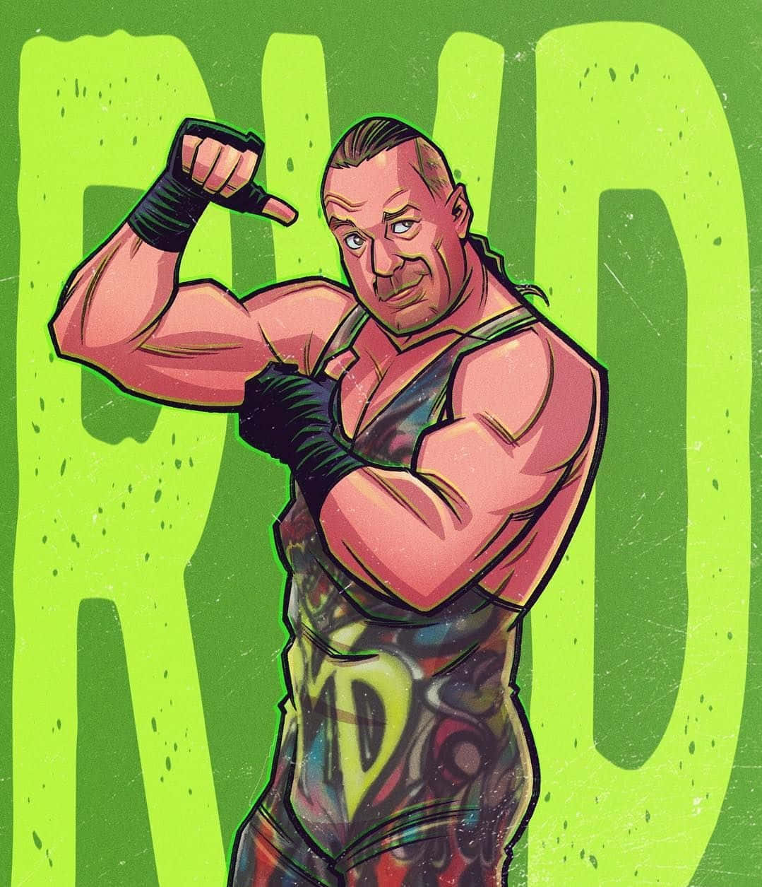 WWE羅布·范·達姆數位藝術 壁紙 — 一位肌肉發達的摔角手穿著色彩繽紛的緊身衣，在明亮的綠色背景上彎曲二頭肌，背景有大型風格化字母。