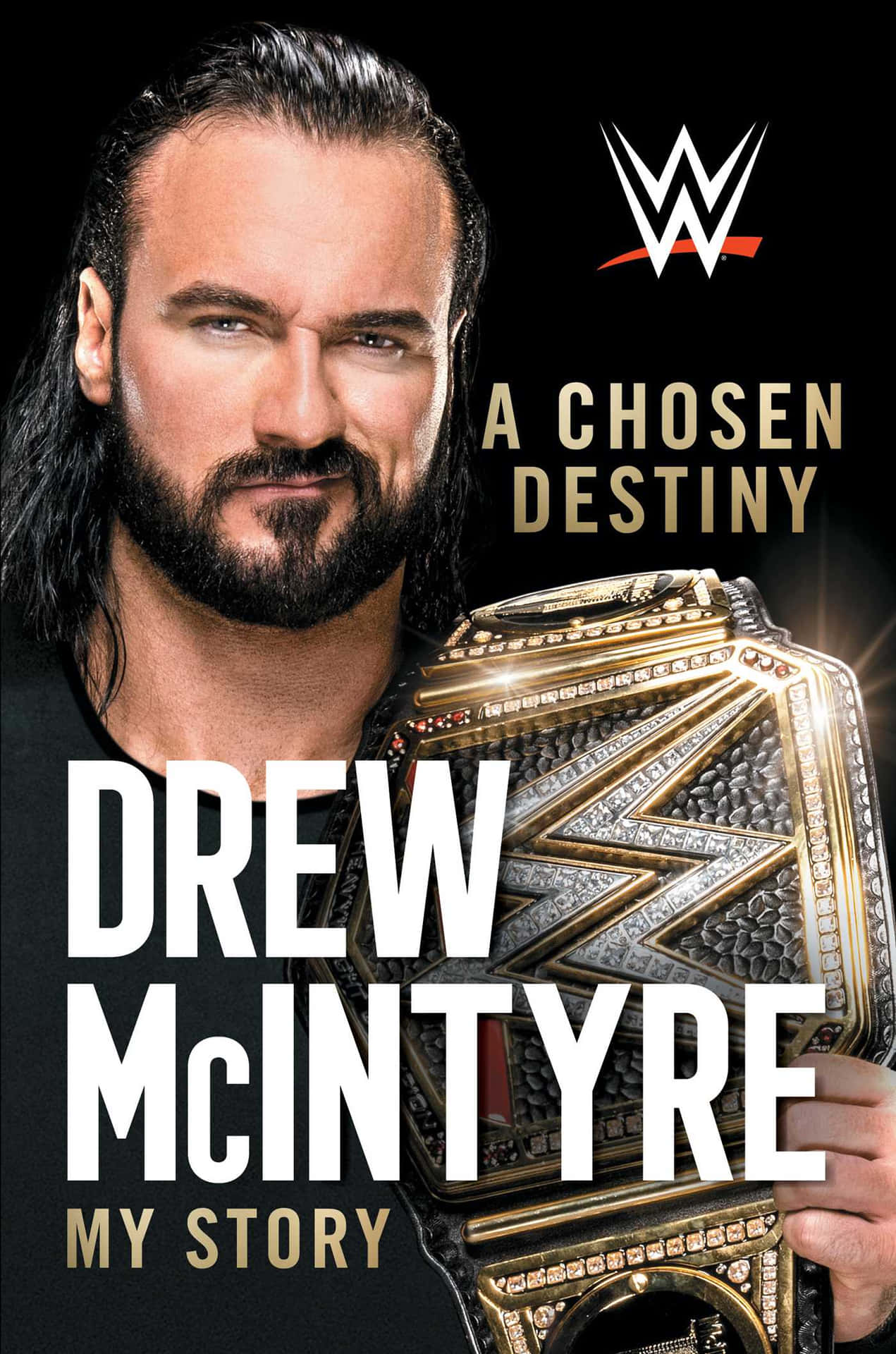 WWE摔角手Drew McIntyre手持冠軍腰帶，附有標題文字。