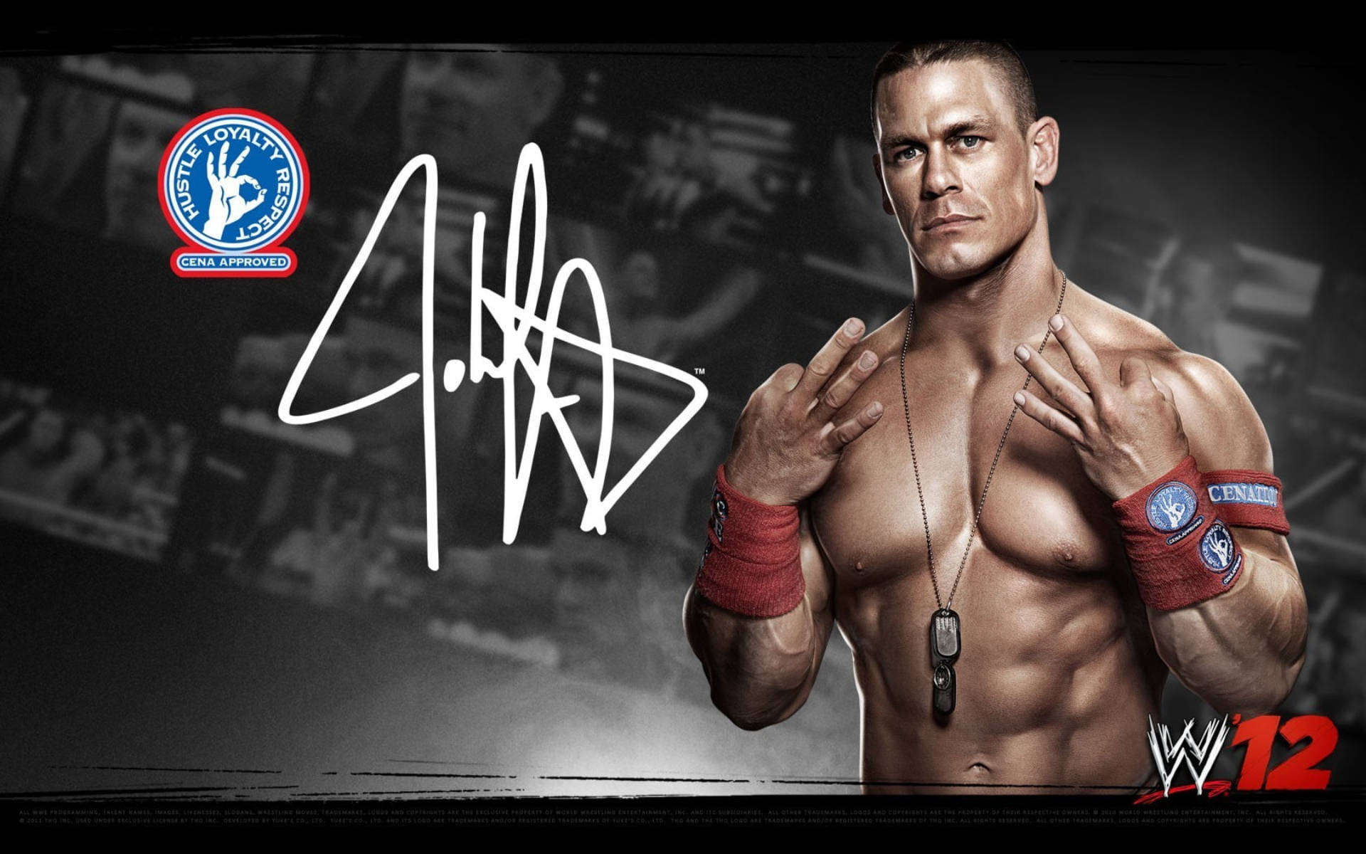 John Cena 穿著摔角裝備，帶有簽名和WWE 12標誌。