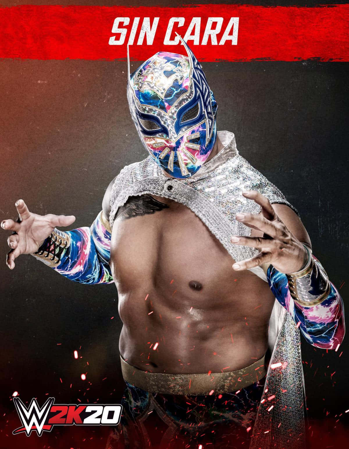 WWE摔角手Sin Cara，戴著彩色面具和斗篷，火花飛舞。