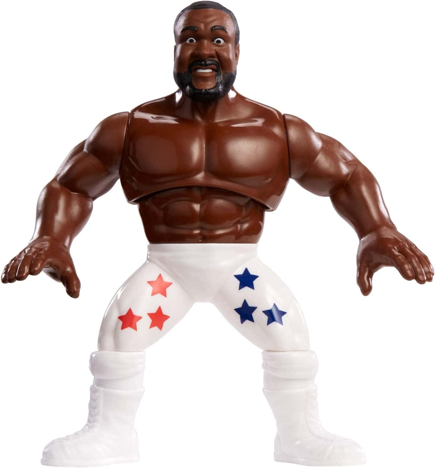 WWF經典玩具收藏品：Junkyard Dog 壁紙 — 一個肌肉發達的棕色塑膠摔角動作人偶，穿著飾有紅色和藍色星星的白色褲子，以動態姿勢站立。