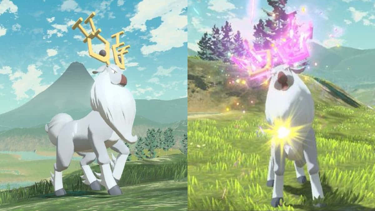 Wyrdeer 攻擊場景 壁紙 — 一隻白色像鹿的生物，長著金色鹿角，站在草地上，在群山背景下散發著魔法能量光芒。