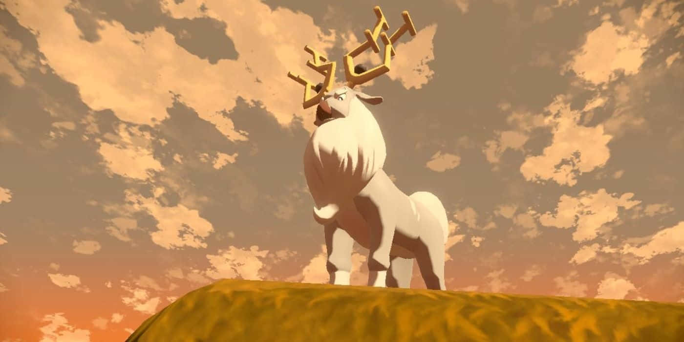 Wyrdeer 黃昏 壁紙 — 一隻雄偉的白鹿，長著金色的鹿角，站在長滿青草的山丘上，沐浴在溫暖的夕陽天空下。