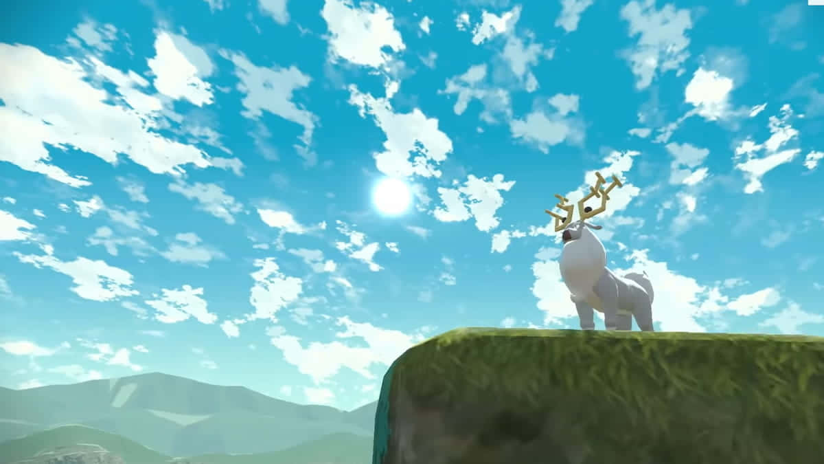 Wyrdeer俯瞰大地 壁紙 — 一隻白色鹿帶有金色鹿角，站在長滿草嘅懸崖上，下面係晴朗藍天同 fluffy 雲。