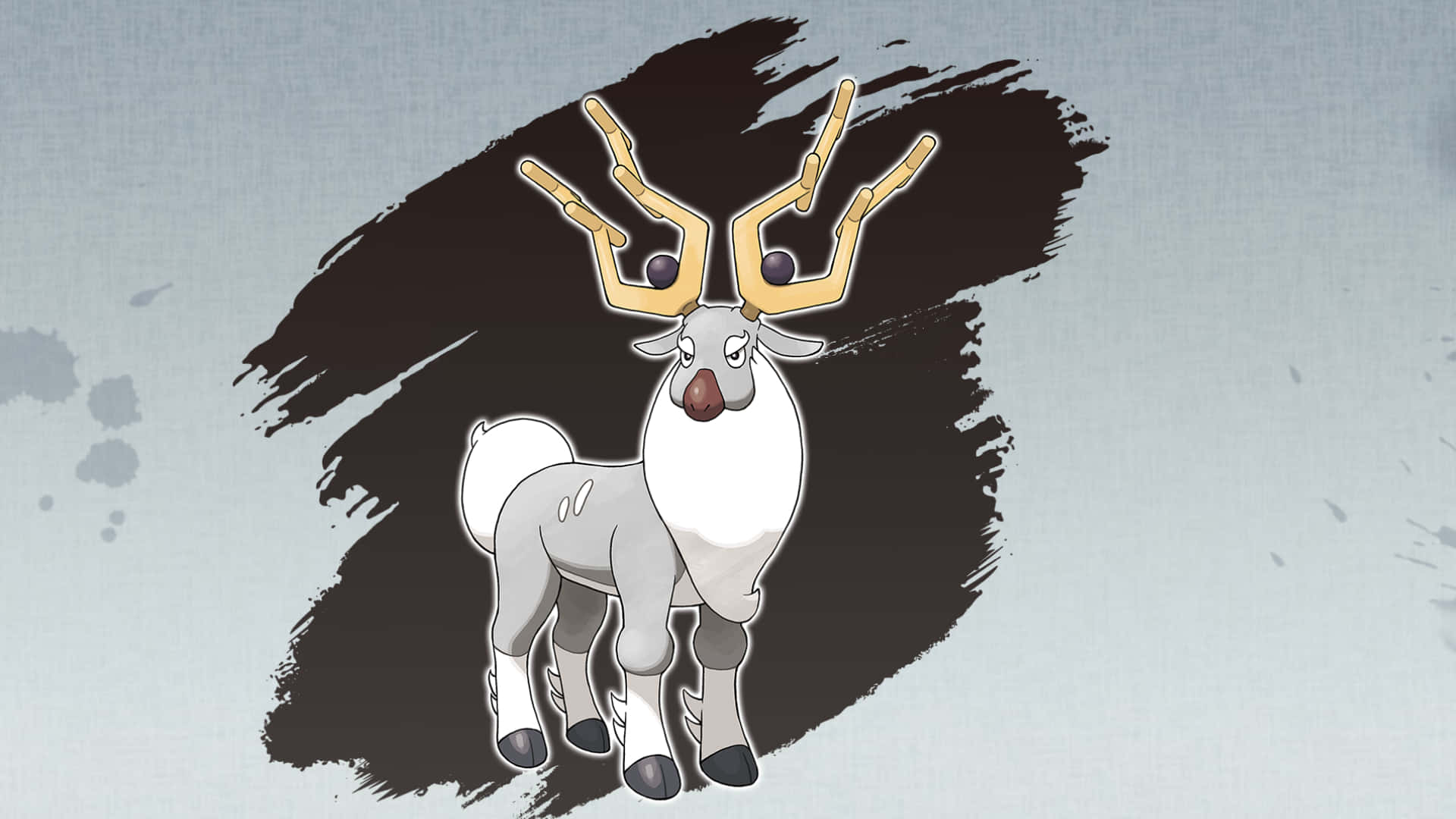 Wyrdeer對比塗鴉筆觸 壁紙 — 一隻風格化的動漫馴鹿，擁有金色鹿角和白色蓬鬆的胸部，站在柔和灰色背景上大膽的黑色筆觸前。
