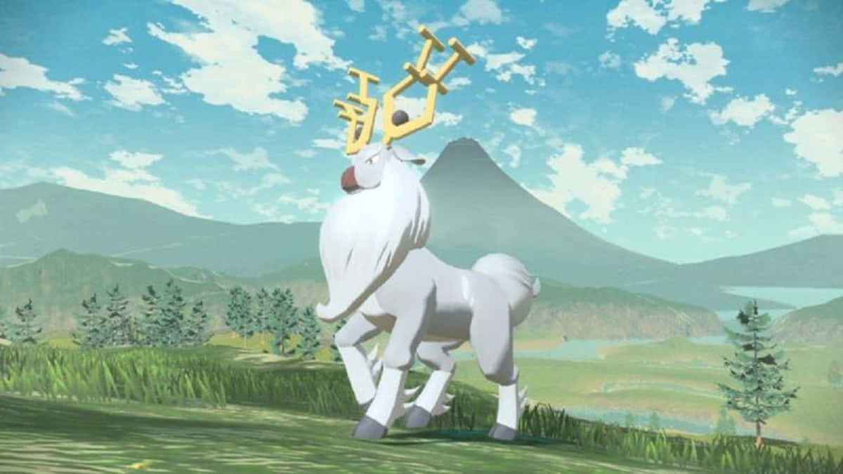 Wyrdeer漫步平原 壁紙 — 一隻雄偉的白色鹿狀神奇寶貝，長著金色鹿角，驕傲地站在陽光明媚的草地上，背景是遠山。