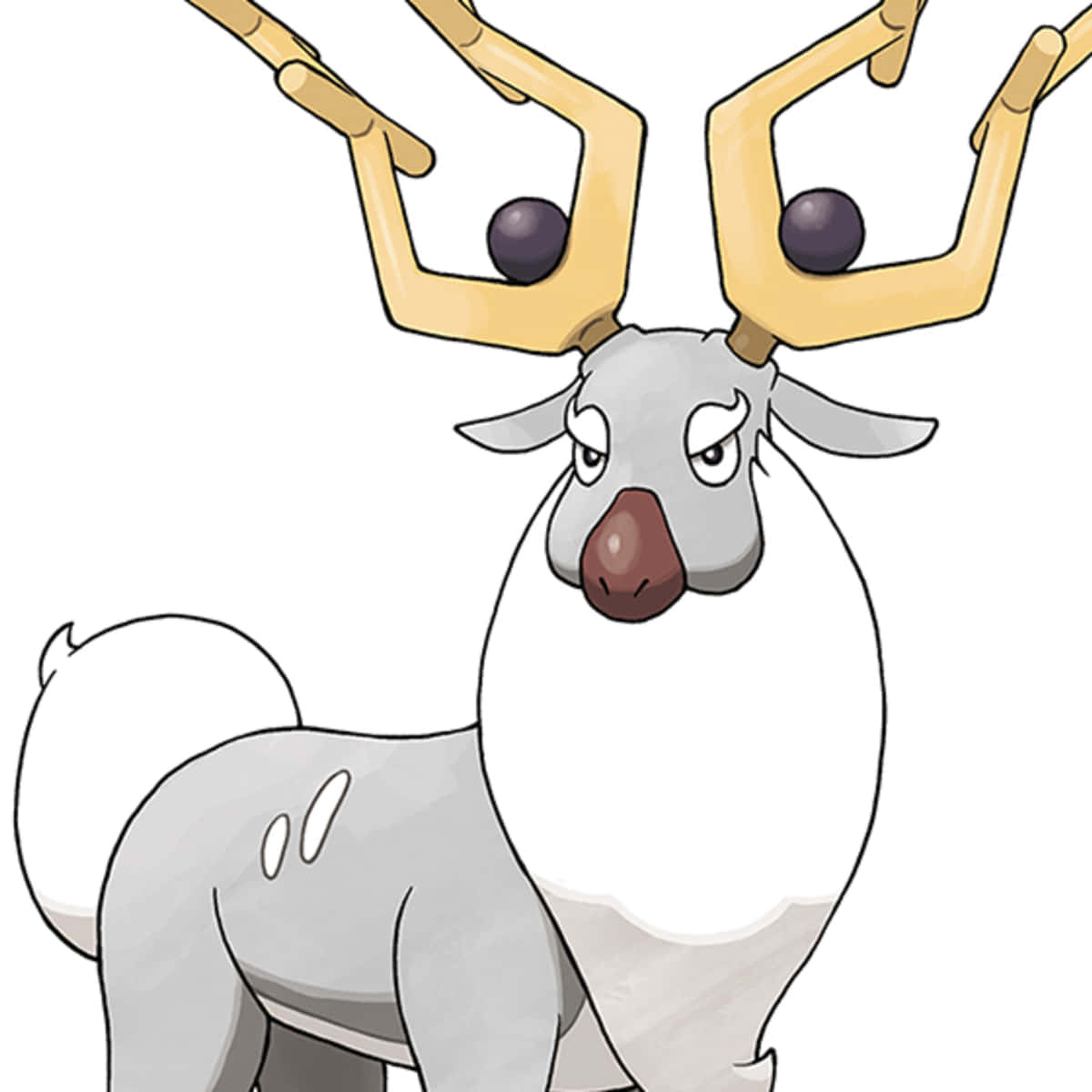 Wyrdeer特寫 壁紙 — 一隻卡通鹿，長著巨大的金色鹿角，角尖帶有紫色球體，站在純白色背景前。