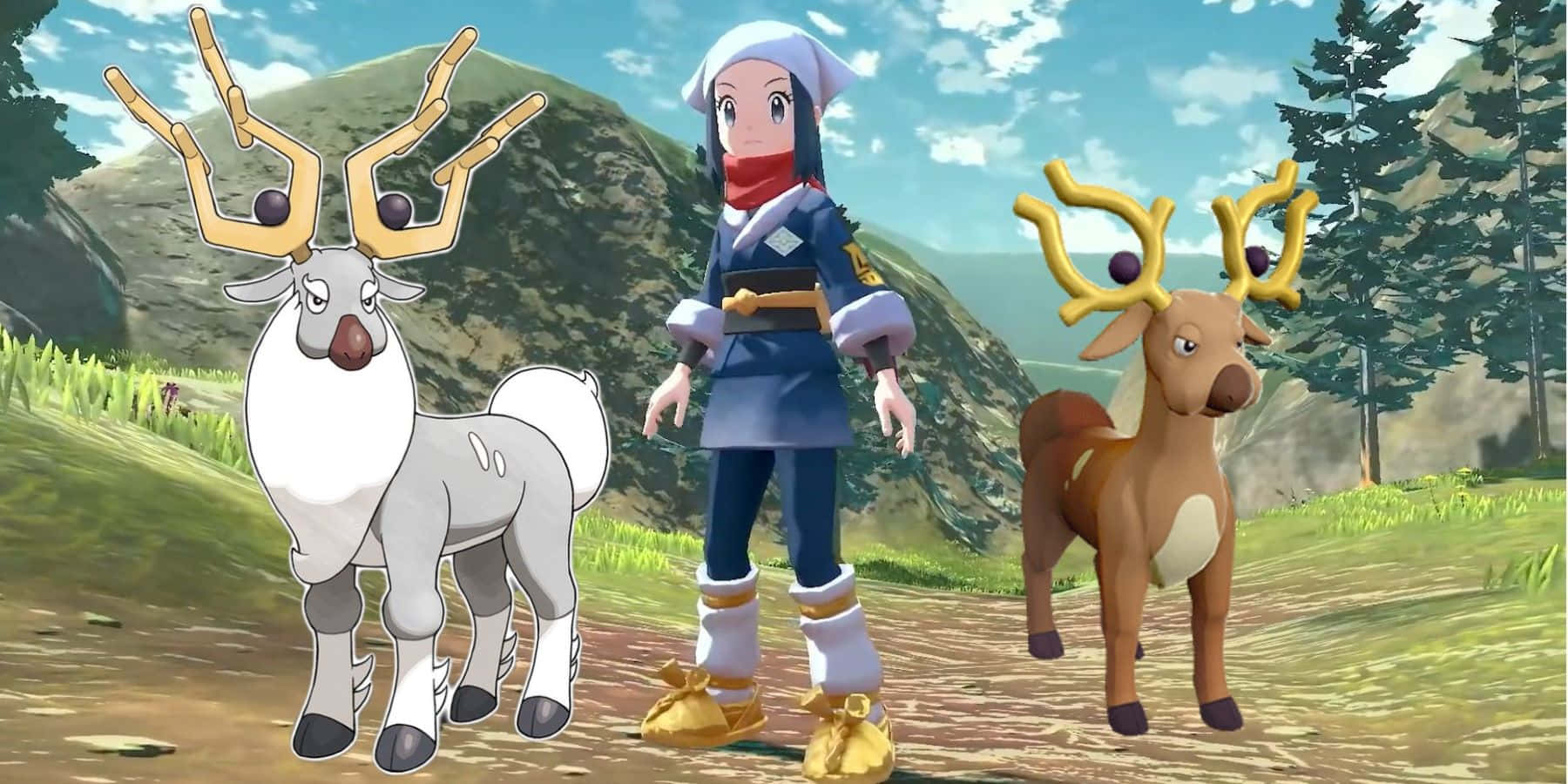Wyrdeer與Stantler與玩家同框 壁紙 — 一位年輕訓練家站在兩隻像鹿有角的寶可夢之間，身處陽光明媚的山谷。