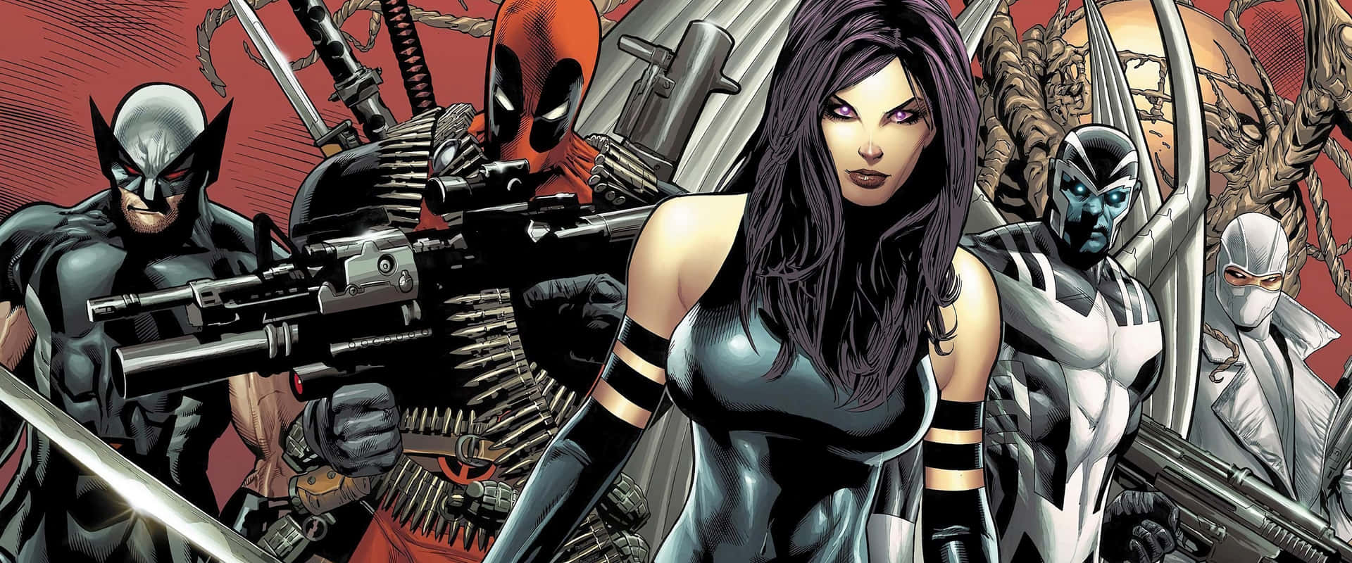 一群漫畫超級英雄，包括 Deadpool 和 Wolverine，手持武器。