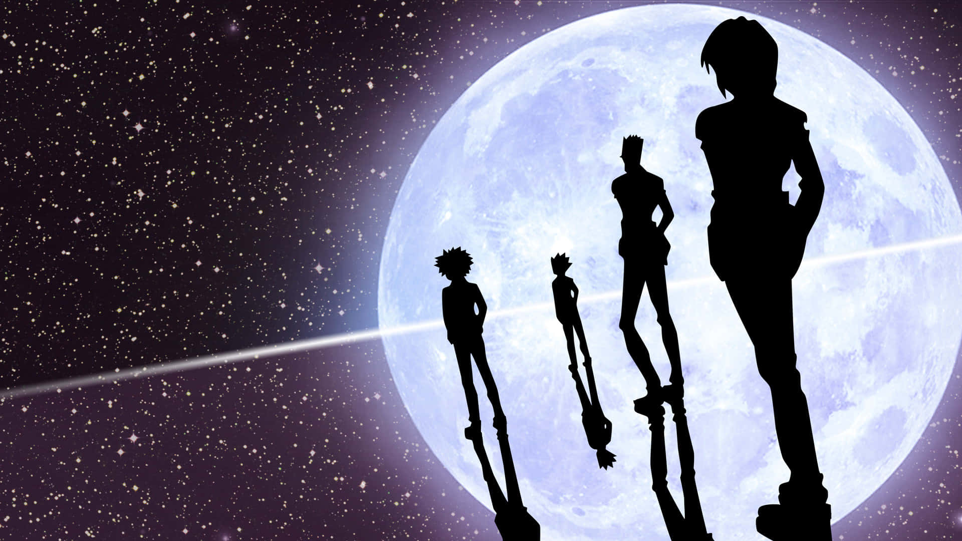《獵人x獵人》月夜剪影圖 壁紙 — 四個動漫角色在繁星點點的夜空下，以剪影形式站在一個巨大的發光月亮前。