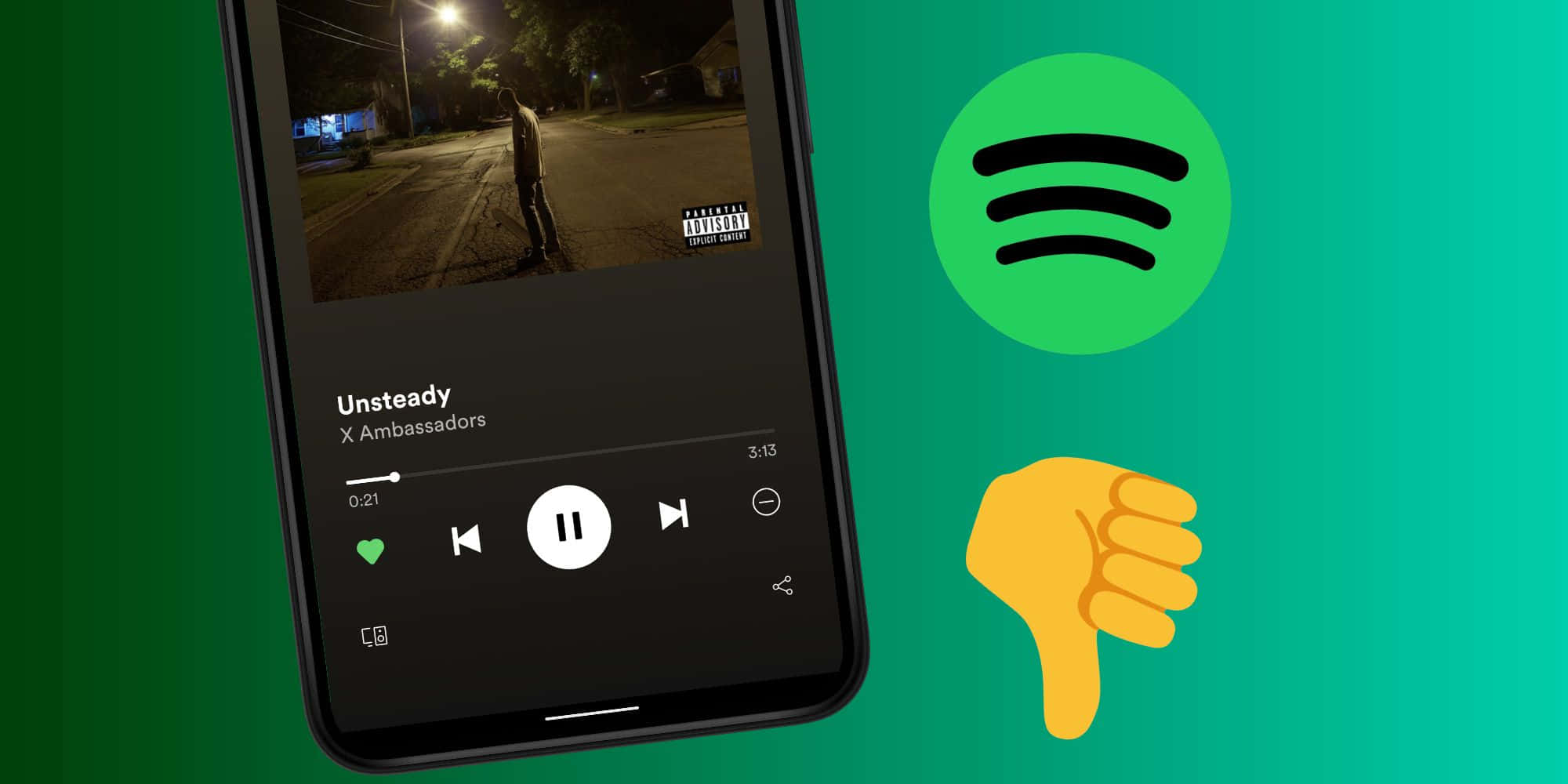 X Ambassadors《Unsteady》歌曲圖片 壁紙 — 一部智能手機在綠色漸變背景上顯示帶有夜間街景和拇指向下表情符號的 Spotify 音樂播放器。
