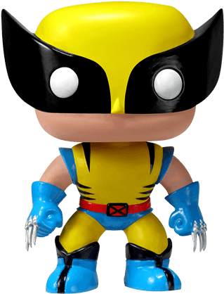 X戰警：金鋼狼 Funko Pop 公仔 壁紙 — 一個風格化的黃色和藍色狼人 Funko Pop 人偶，戴著黑色面具和爪子，站在純白色背景前。