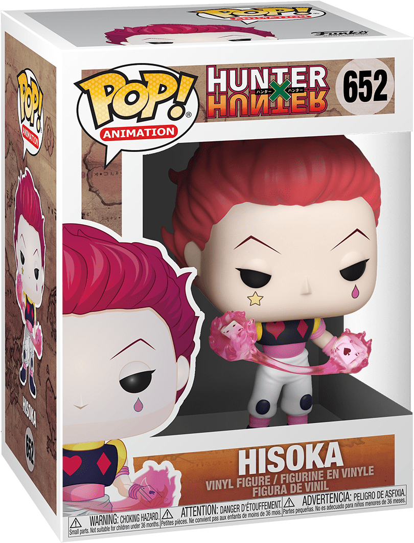 獵人X獵人 Hisoka Funko Pop 652 壁紙 — 來自《Hunter x Hunter》的 Funko Pop! 希索加（Hisoka）人偶，手持粉紅色能量球，裝在盒裝包裝中。