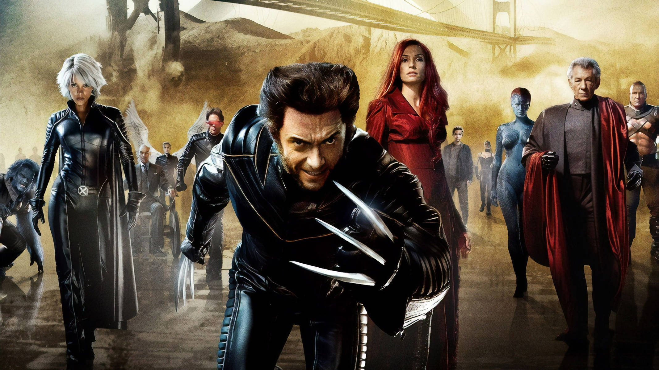 X Men Movie The Last Stand Character 壁紙 — X-Men 變種人在塵土飛揚的城市戰場上準備就緒，金門大橋在他們身後若隱若現。