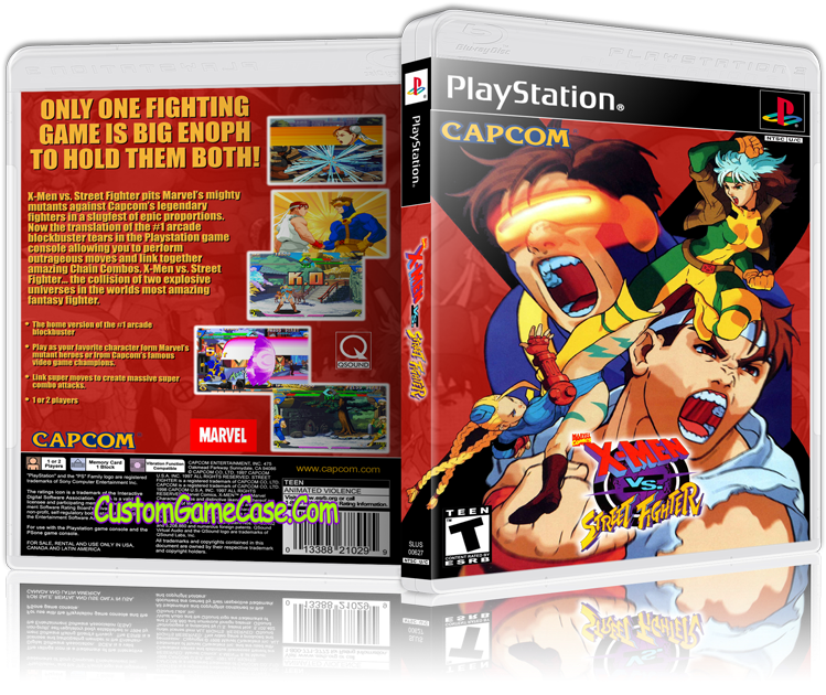 X戰警對決街頭霸王 PlayStation遊戲盒 壁紙 — 充滿活力的 PlayStation 遊戲盒，適用於 X-Men vs Street Fighter，動漫風格的角色在火紅背景下激烈戰鬥。